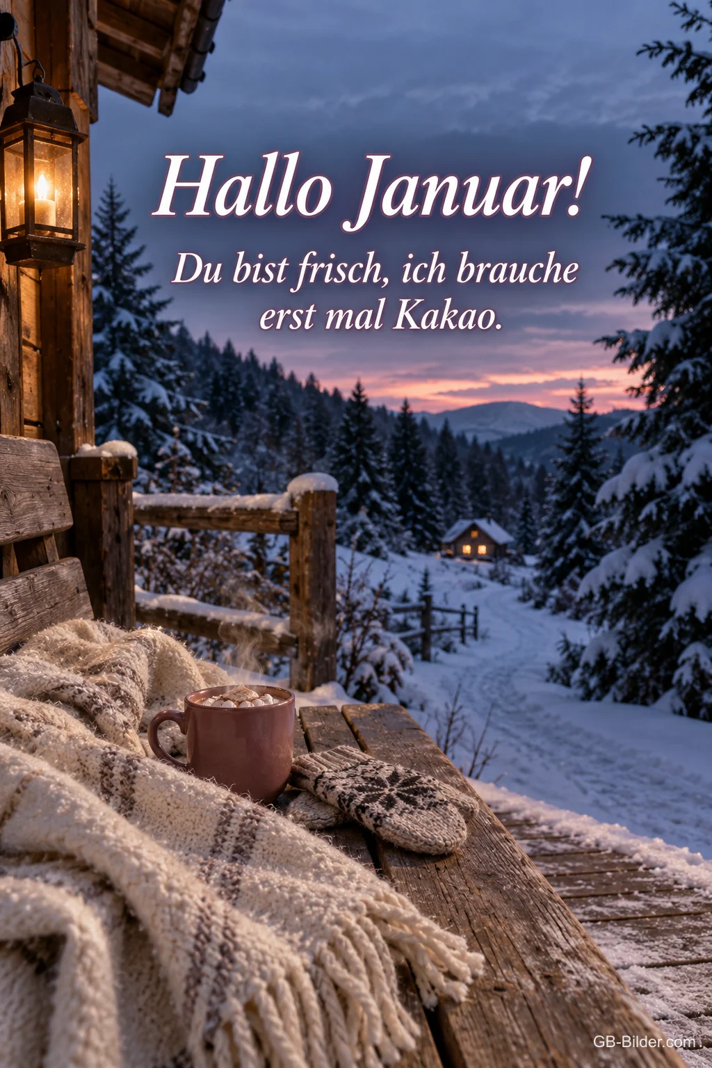 Tasse Kakao und Fäustlinge auf verschneiter Veranda, Text: Hallo Januar! Du bist frisch, ich brauche erst mal Kakao. Tasse Kakao und Fäustlinge auf verschneiter Veranda, Text: Hallo Januar! Du bist frisch, ich brauche erst mal Kakao.