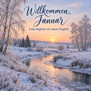 Fluss in bereifter Winterlandschaft, Text: Willkommen, Januar – Leise beginnt ein neues Kapitel.