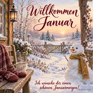 Schneemann vor einer verschneiten Veranda, Text: Willkommen Januar – Ich wünsche dir einen schönen Januarmorgen!