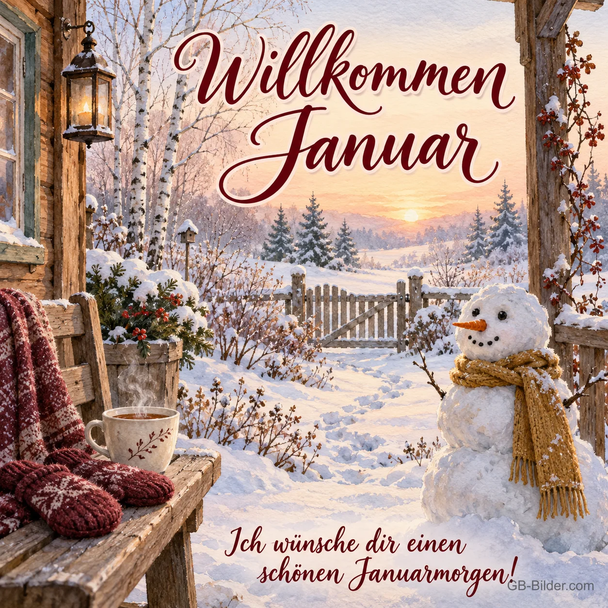 Schneemann vor einer verschneiten Veranda, Text: Willkommen Januar – Ich wünsche dir einen schönen Januarmorgen! Schneemann vor einer verschneiten Veranda, Text: Willkommen Januar – Ich wünsche dir einen schönen Januarmorgen!