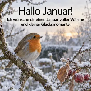 Rotkehlchen auf bereiftem Ast, Text: Hallo Januar! Ich wünsche dir einen Januar voller Wärme