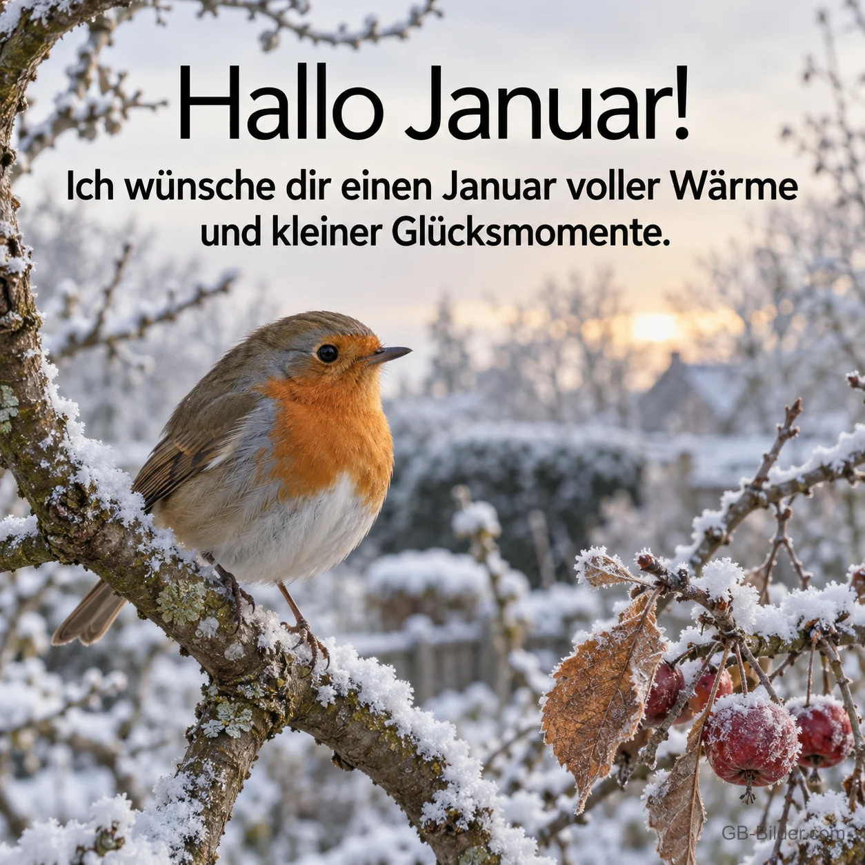 Rotkehlchen auf bereiftem Ast, Text: Hallo Januar! Ich wünsche dir einen Januar voller Wärme Rotkehlchen auf bereiftem Ast, Text: Hallo Januar! Ich wünsche dir einen Januar voller Wärme