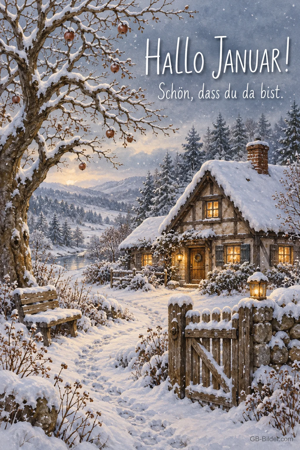 Verschneites Fachwerkhaus mit Laterne, Text: Hallo Januar! Schön, dass du da bist. Verschneites Fachwerkhaus mit Laterne, Text: Hallo Januar! Schön, dass du da bist.