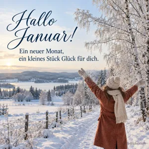 Frau breitet im Schnee die Arme aus, Text: Hallo Januar! Ein neuer Monat, ein kleines Stück Glück für dich.