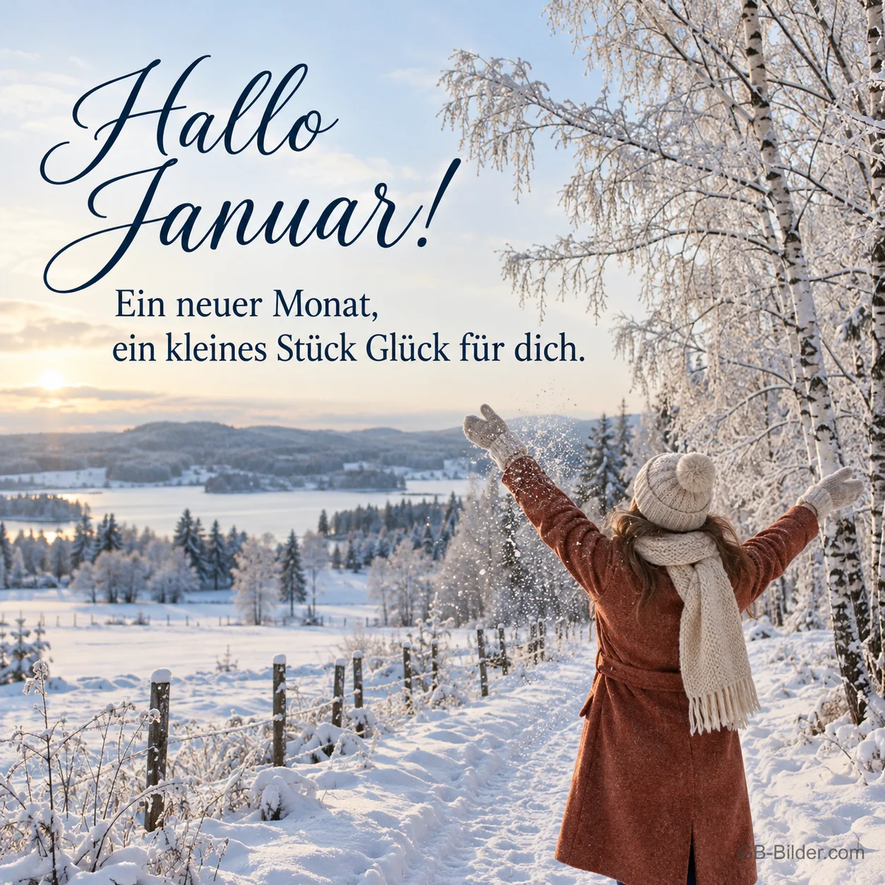 Frau breitet im Schnee die Arme aus, Text: Hallo Januar! Ein neuer Monat, ein kleines Stück Glück für dich. Frau breitet im Schnee die Arme aus, Text: Hallo Januar! Ein neuer Monat, ein kleines Stück Glück für dich.