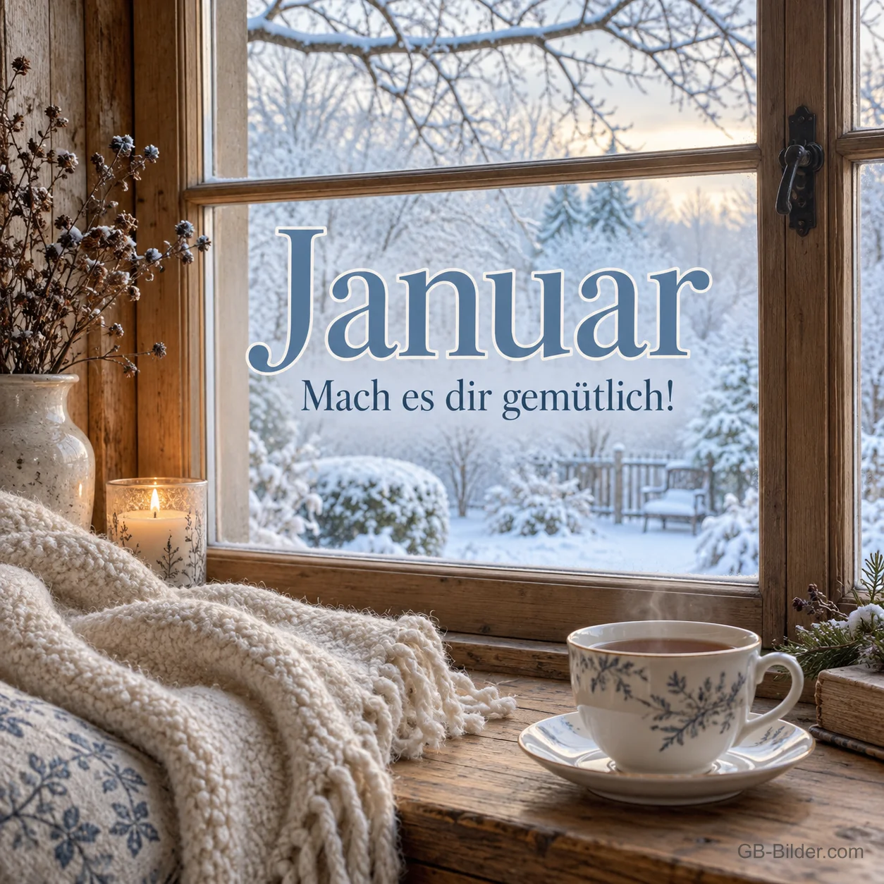 Teetasse und Strickdecke am Winterfenster, Text: Januar – Mach es dir gemütlich! Teetasse und Strickdecke am Winterfenster, Text: Januar – Mach es dir gemütlich!