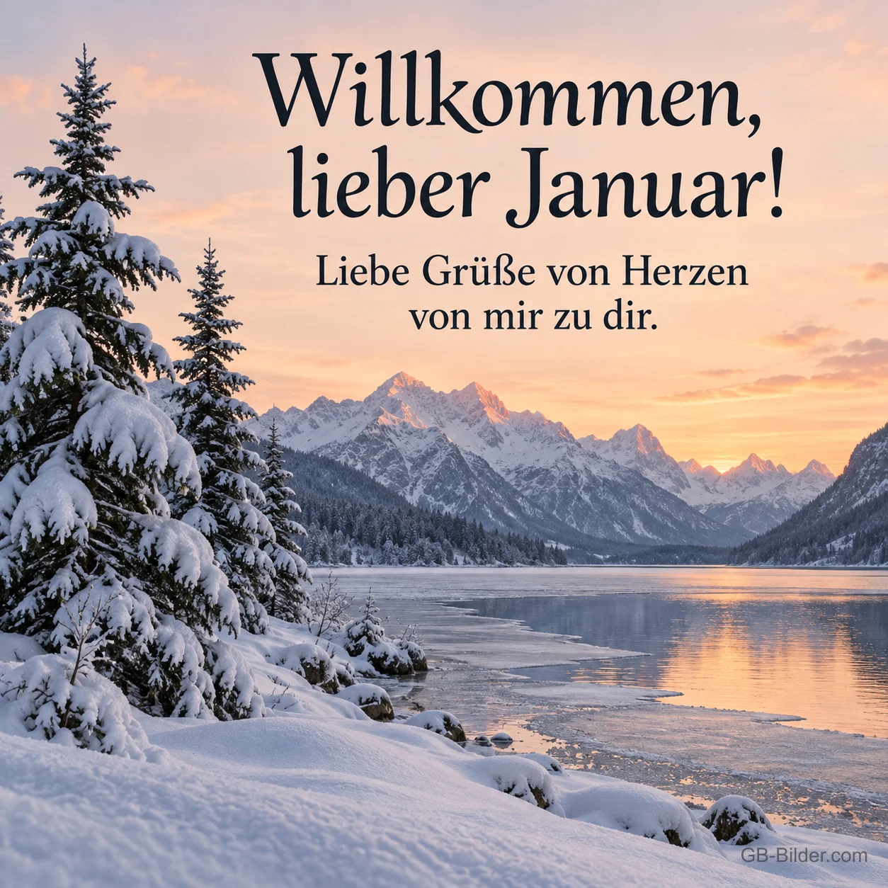 Verschneite Tannen am Bergsee im Abendrot, Text: Willkommen, lieber Januar! Verschneite Tannen am Bergsee im Abendrot, Text: Willkommen, lieber Januar!