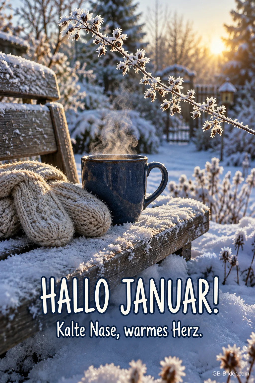 Dampfende Tasse und Handschuhe auf verschneiter Bank, Text: Hallo Januar! Kalte Nase, warmes Herz. Dampfende Tasse und Handschuhe auf verschneiter Bank, Text: Hallo Januar! Kalte Nase, warmes Herz.