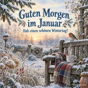 Gartenbank mit Decke und Rotkehlchen im Frost, Text: Guten Morgen im Januar – Hab einen schönen Wintertag!