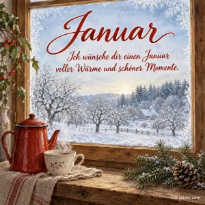 Rote Kanne und Teetasse am Winterfenster, Text: Januar – Ich wünsche dir einen Januar voller Wärme und schöner Momente.