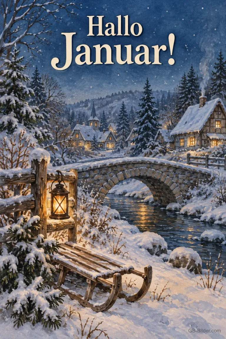 Schlitten an einer Steinbrücke im verschneiten Dorf, Text: Hallo Januar!