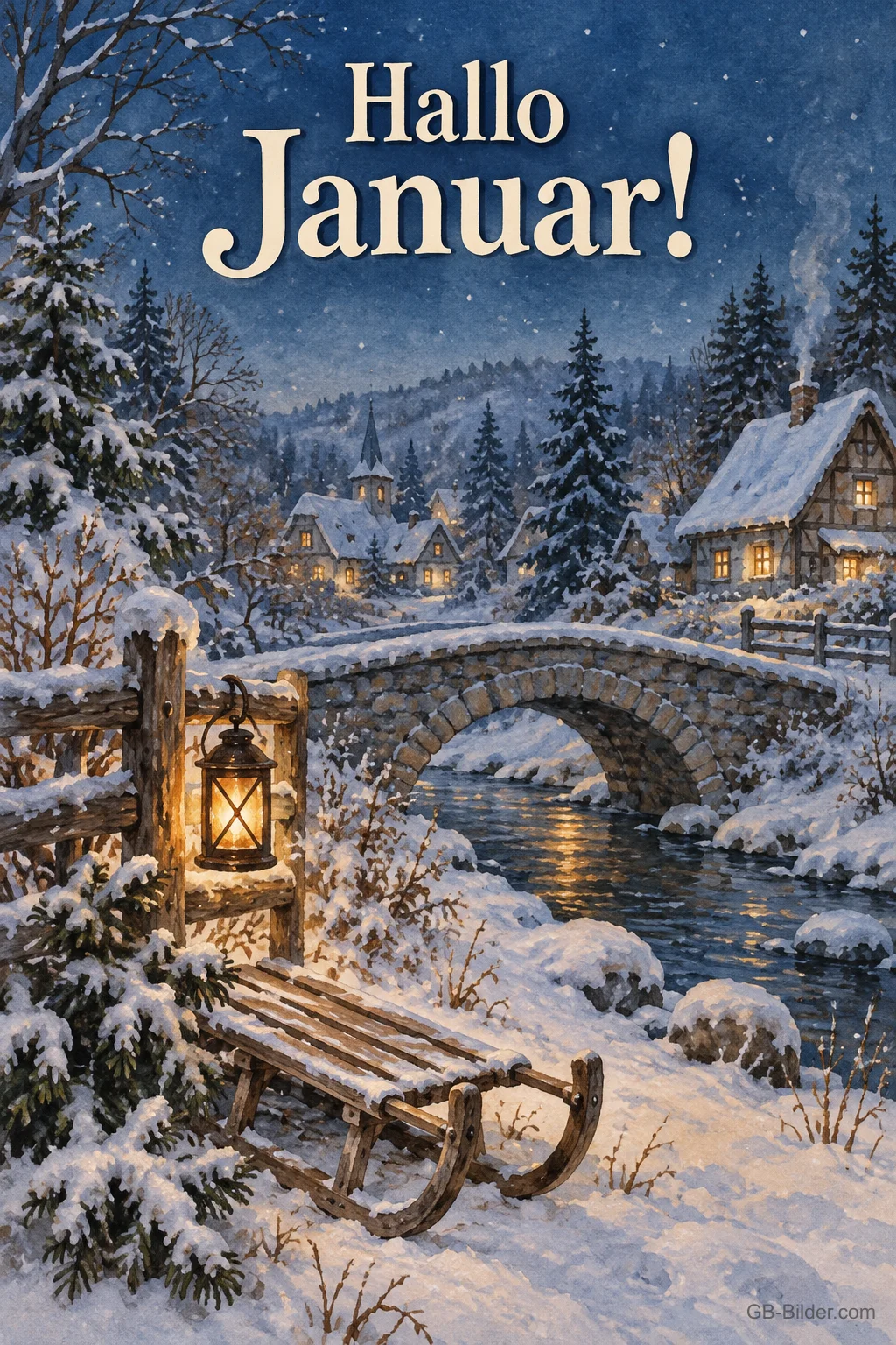 Schlitten an einer Steinbrücke im verschneiten Dorf, Text: Hallo Januar! Schlitten an einer Steinbrücke im verschneiten Dorf, Text: Hallo Januar!
