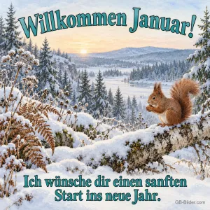 Eichhörnchen auf verschneitem Ast, Text: Willkommen Januar! Ich wünsche dir einen sanften Start ins neue Jahr.