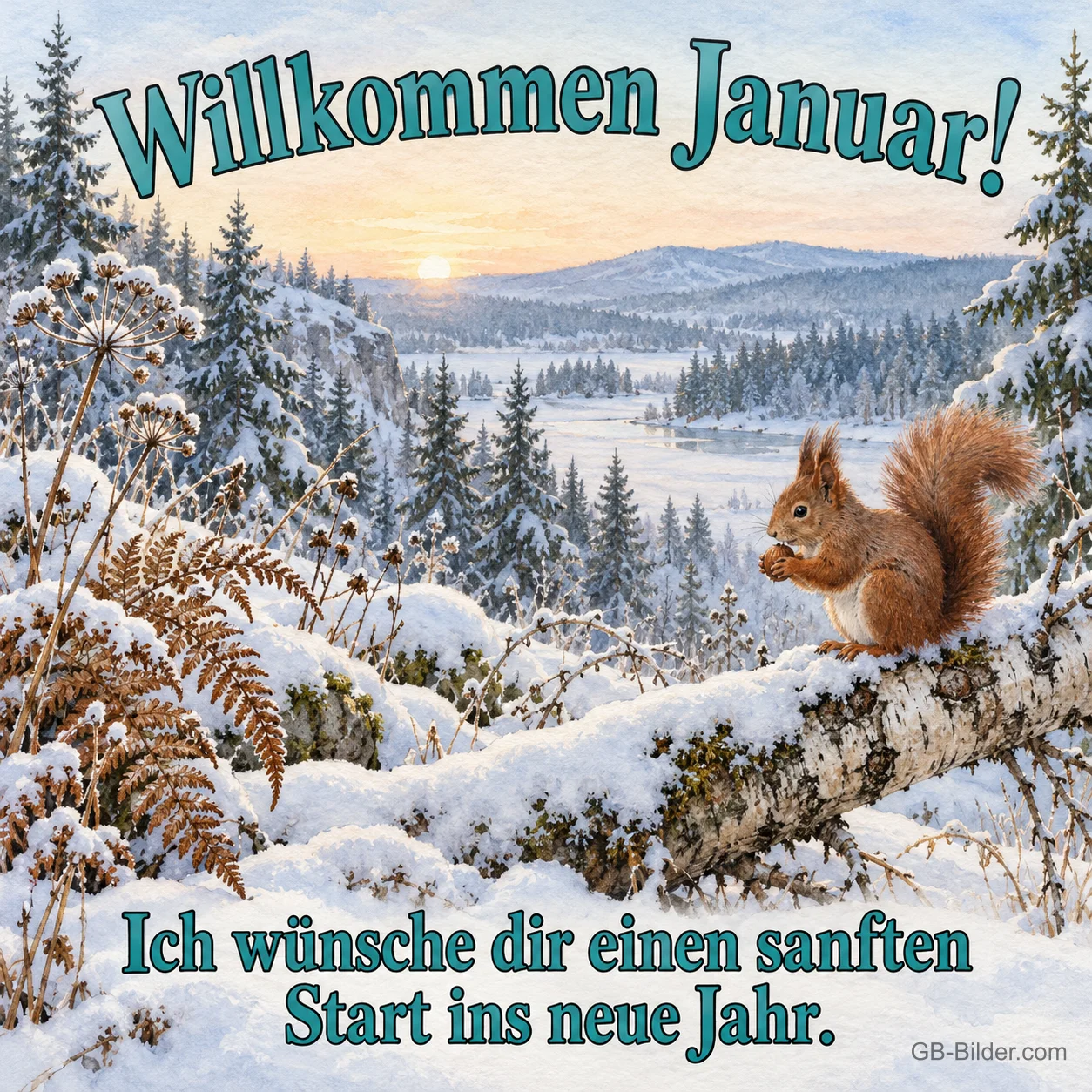 Eichhörnchen auf verschneitem Ast, Text: Willkommen Januar! Ich wünsche dir einen sanften Start ins neue Jahr. Eichhörnchen auf verschneitem Ast, Text: Willkommen Januar! Ich wünsche dir einen sanften Start ins neue Jahr.