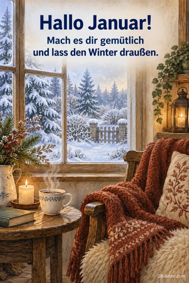 Sessel mit Decke am Winterfenster, Text: Hallo Januar! Mach es dir gemütlich und lass den Winter draußen.