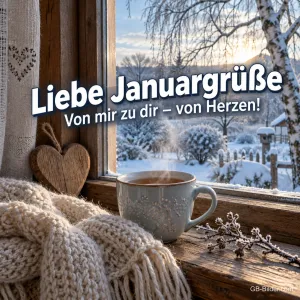 Dampfende Tasse und Holzherz am Winterfenster, Text: Liebe Januargrüße – Von mir zu dir – von Herzen!