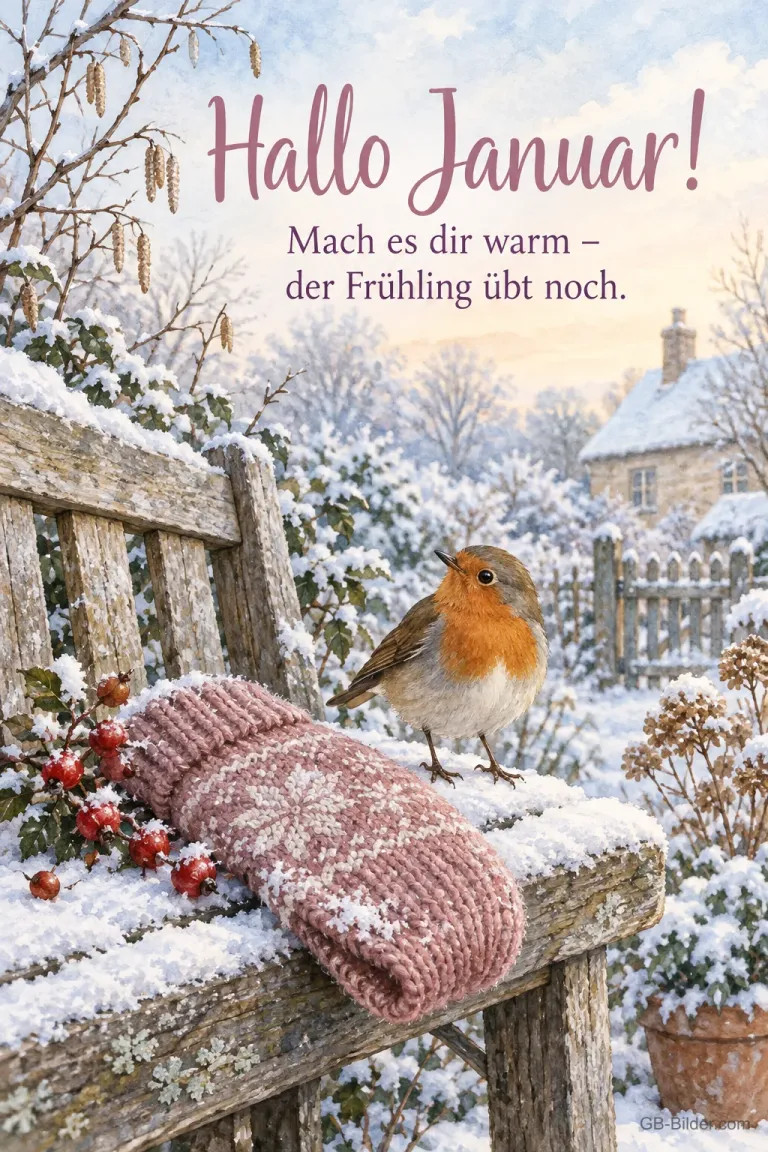 Rotkehlchen und Strickhandschuh auf verschneiter Bank, Text: Hallo Januar! Mach es dir warm – der Frühling übt noch.