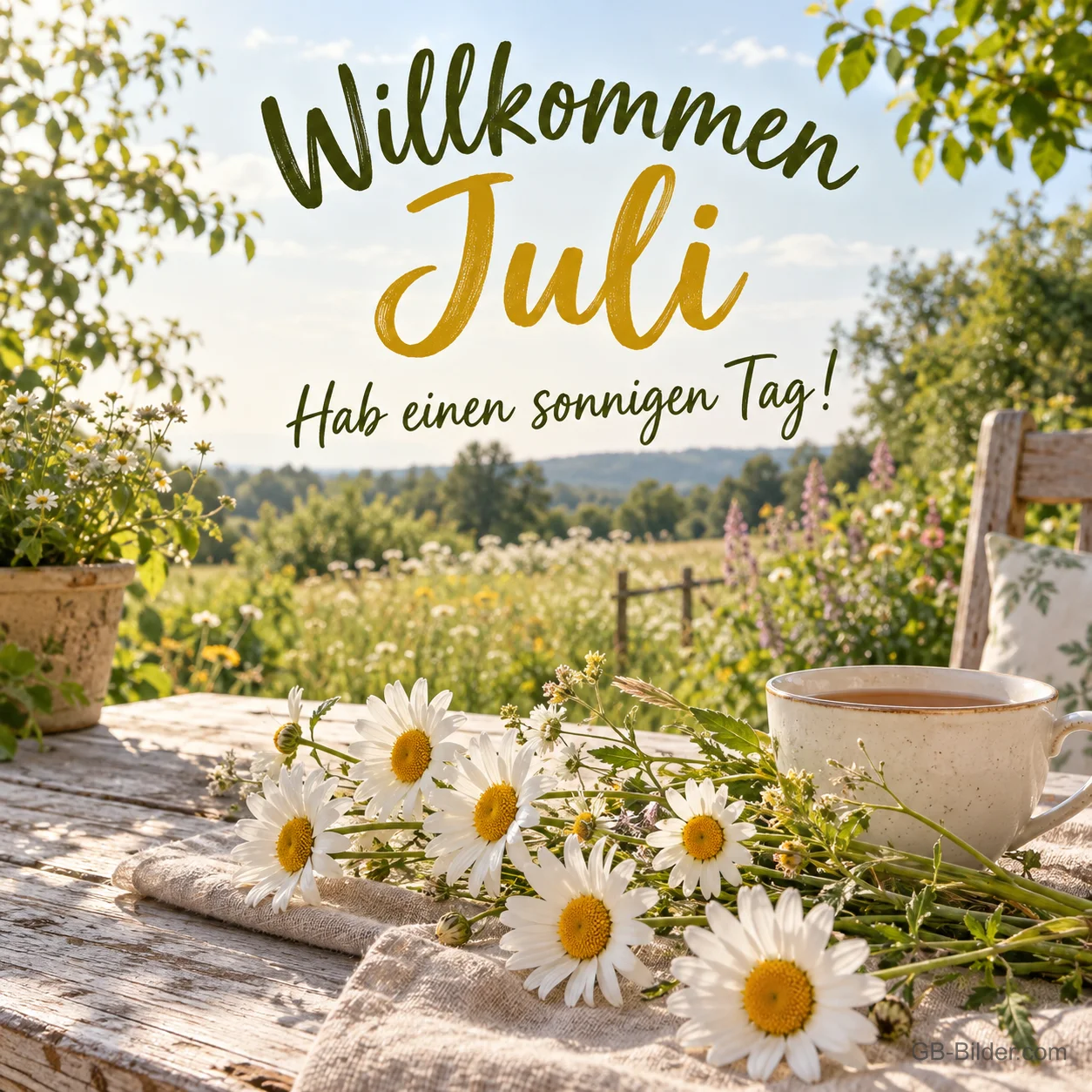 Margeriten und Teetasse im Garten, Text: Willkommen Juli – Hab einen sonnigen Tag! Margeriten und Teetasse im Garten, Text: Willkommen Juli – Hab einen sonnigen Tag!