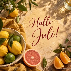 Schale mit Zitrusfrüchten, Text: Hallo Juli!