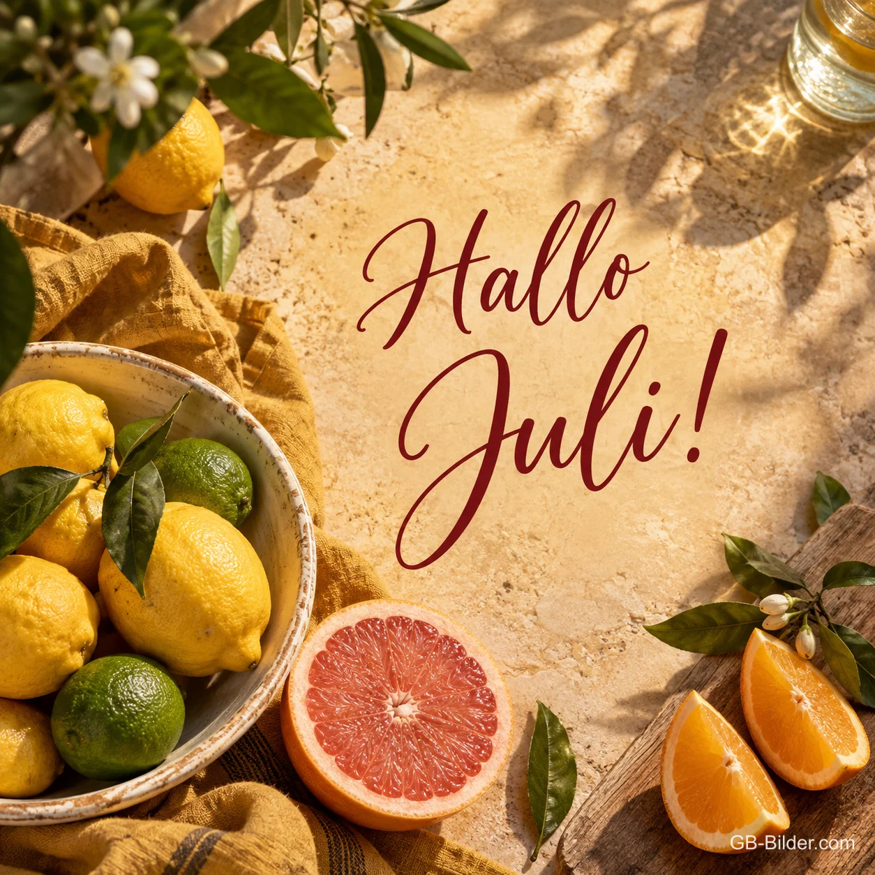 Schale mit Zitrusfrüchten, Text: Hallo Juli! Schale mit Zitrusfrüchten, Text: Hallo Juli!