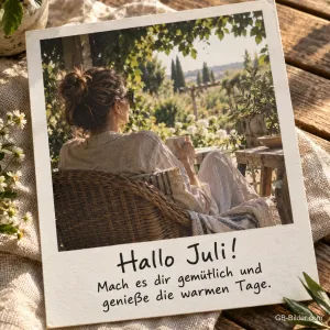 Sofortbild einer Frau im Korbsessel, Text: Hallo Juli! Mach es dir gemütlich.