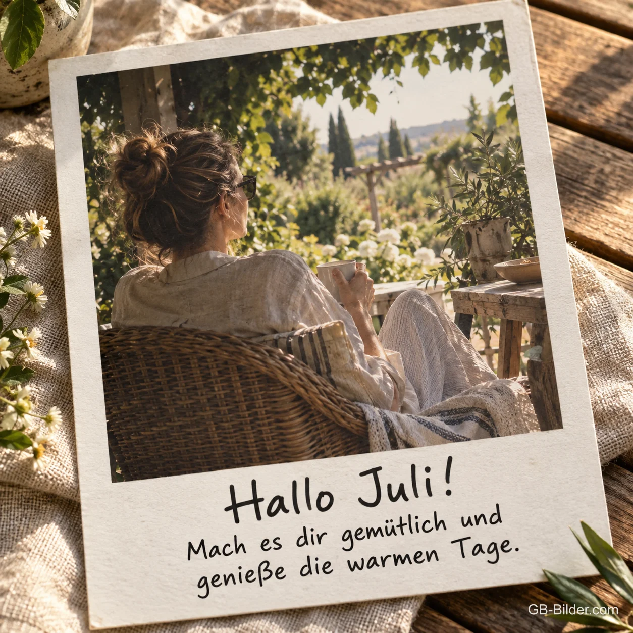 Sofortbild einer Frau im Korbsessel, Text: Hallo Juli! Mach es dir gemütlich. Sofortbild einer Frau im Korbsessel, Text: Hallo Juli! Mach es dir gemütlich.