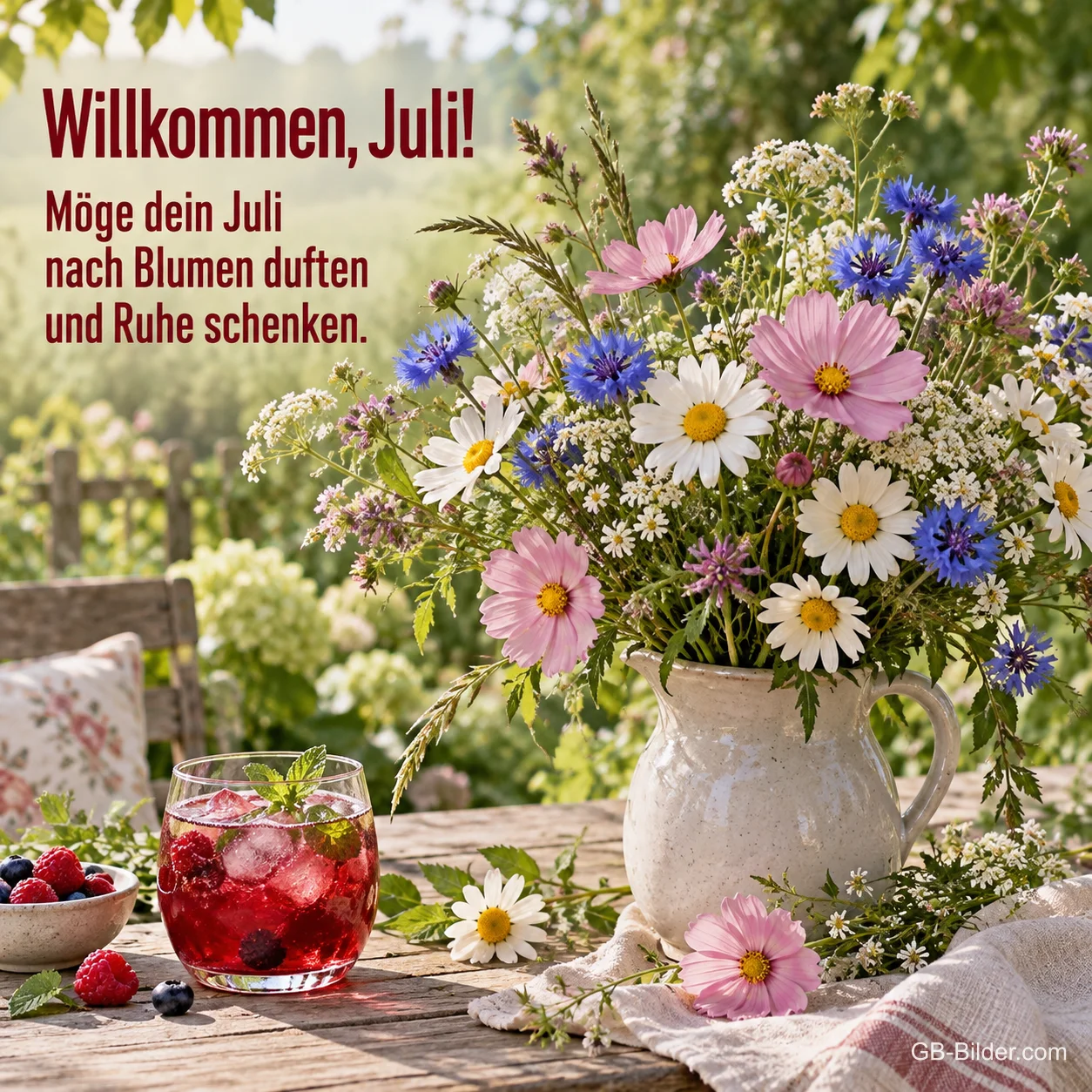 Wiesenblumenstrauß mit Beerendrink, Text: Willkommen, Juli! Wiesenblumenstrauß mit Beerendrink, Text: Willkommen, Juli!