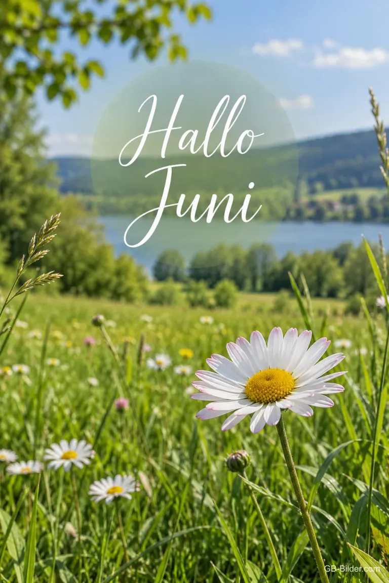 Gänseblümchen auf einer Wiese am See, Text: Hallo Juni