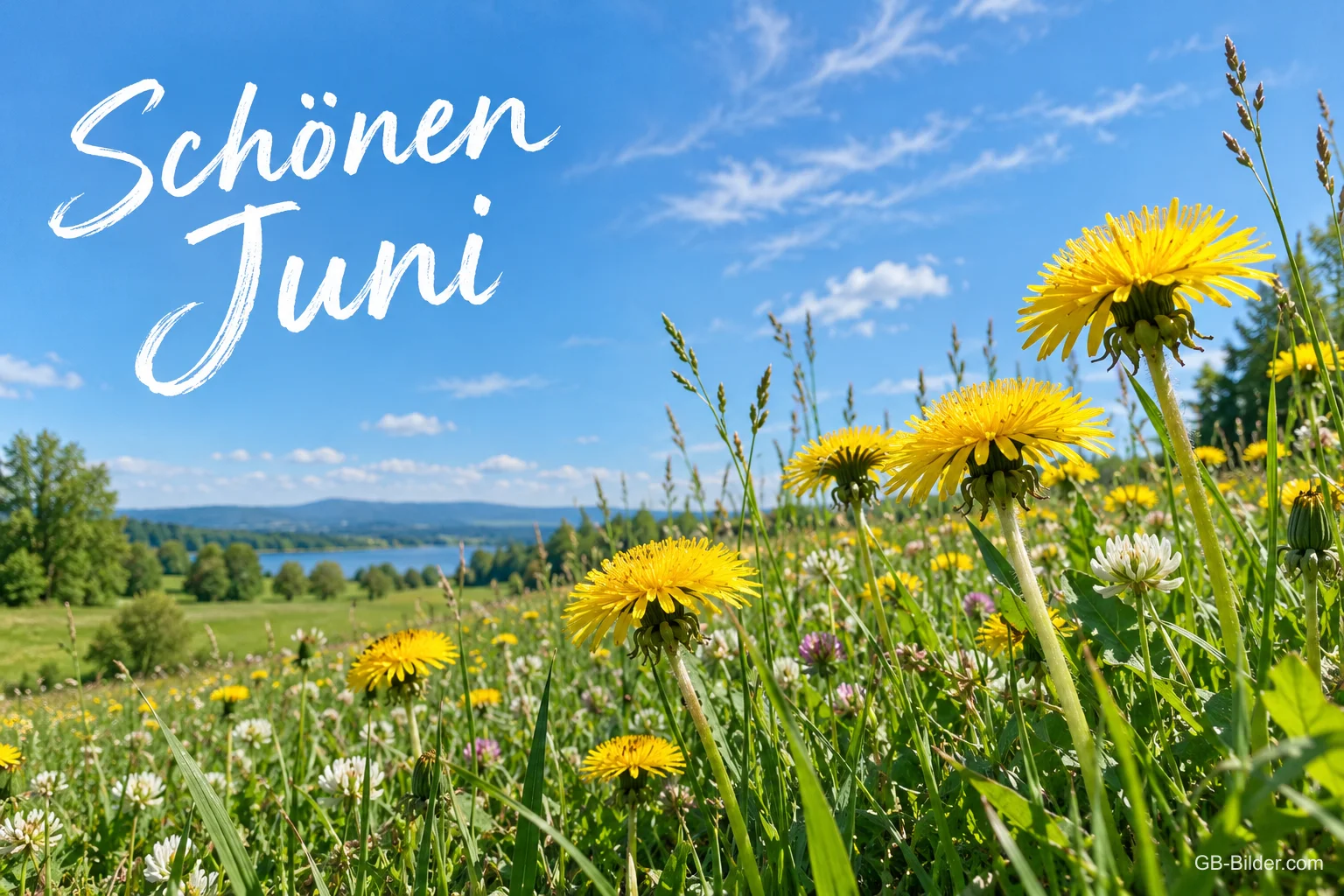 Blühende Wiese mit Löwenzahn am See, Text: Schönen Juni