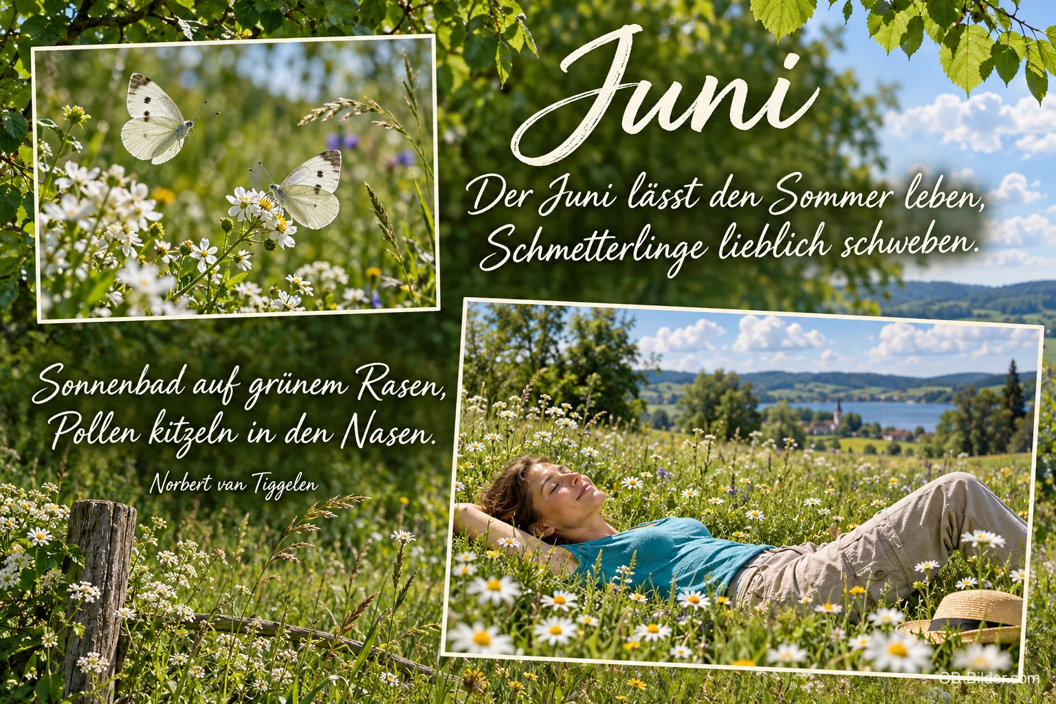 Frau liegt auf einer Sommerwiese, Schmetterlinge auf Blüten, Text: Juni – Der Juni lässt den Sommer leben, Schmetterlinge lieblich schweben. Sonnenbad auf grünem Rasen, Pollen kitzeln in den Nasen. – Norbert van Tiggelen Frau liegt auf einer Sommerwiese, Schmetterlinge auf Blüten, Text: Juni – Der Juni lässt den Sommer leben, Schmetterlinge lieblich schweben. Sonnenbad auf grünem Rasen, Pollen kitzeln in den Nasen. – Norbert van Tiggelen