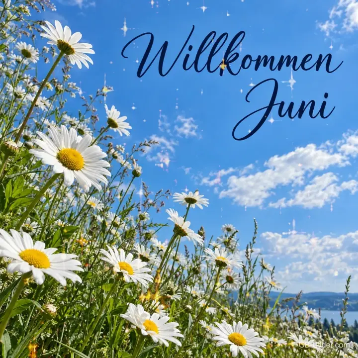 Margeriten vor blauem Sommerhimmel, Text: Willkommen Juni