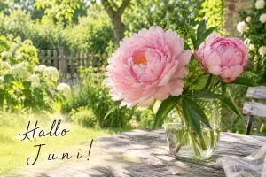 Rosa Pfingstrosen in einer Vase im Garten, Text: Hallo Juni!