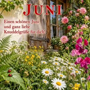 Bauerngarten mit Rosen, Margeriten und Marienkäfern vor einem Fenster, Text: JUNI – Einen schönen Juni und ganz liebe Knuddelgrüße für dich!
