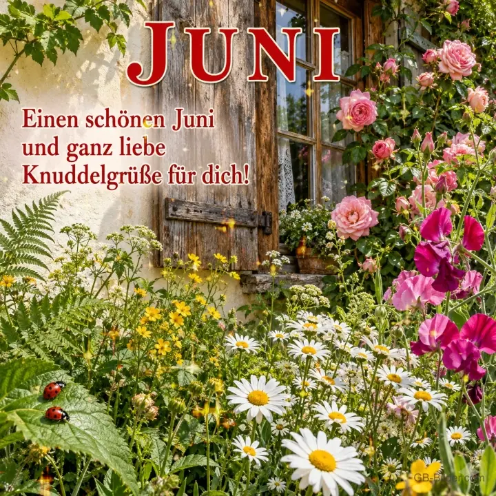 Bauerngarten mit Rosen, Margeriten und Marienkäfern vor einem Fenster, Text: JUNI – Einen schönen Juni und ganz liebe Knuddelgrüße für dich!