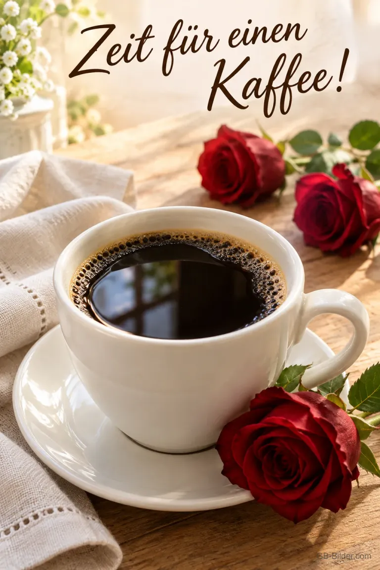 Tasse Kaffee mit roten Rosen auf einem Holztisch, Text: Zeit für einen Kaffee!