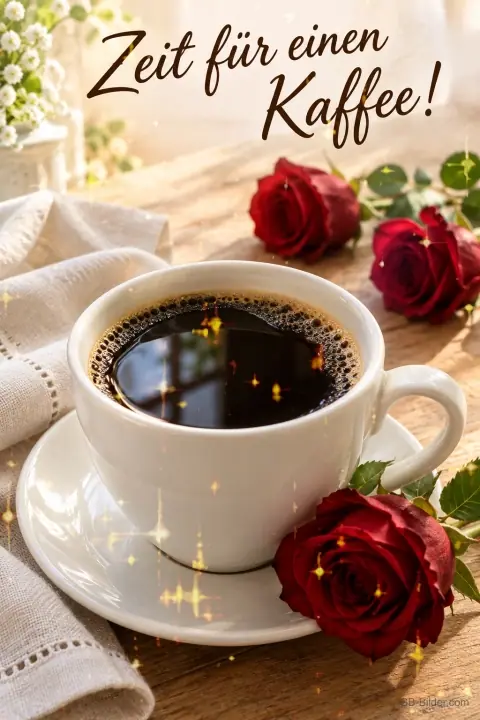 Tasse Kaffee mit roten Rosen auf einem Holztisch, Text: Zeit für einen Kaffee! Tasse Kaffee mit roten Rosen auf einem Holztisch, Text: Zeit für einen Kaffee!