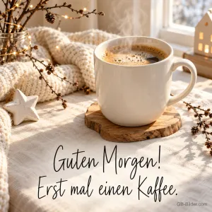 Kaffeetasse auf einem Holzuntersetzer neben Strickdecke, Text: Guten Morgen! – Erst mal einen Kaffee.