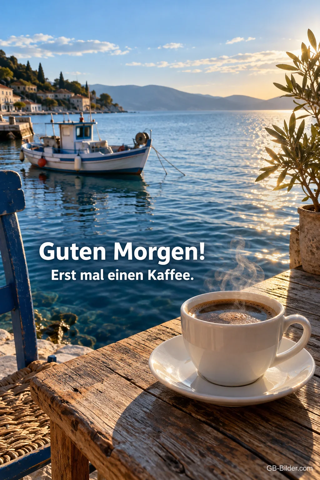 Tasse Kaffee auf einem Tisch über einer Bucht mit Boot, Text: Guten Morgen! – Erst mal einen Kaffee. Tasse Kaffee auf einem Tisch über einer Bucht mit Boot, Text: Guten Morgen! – Erst mal einen Kaffee.
