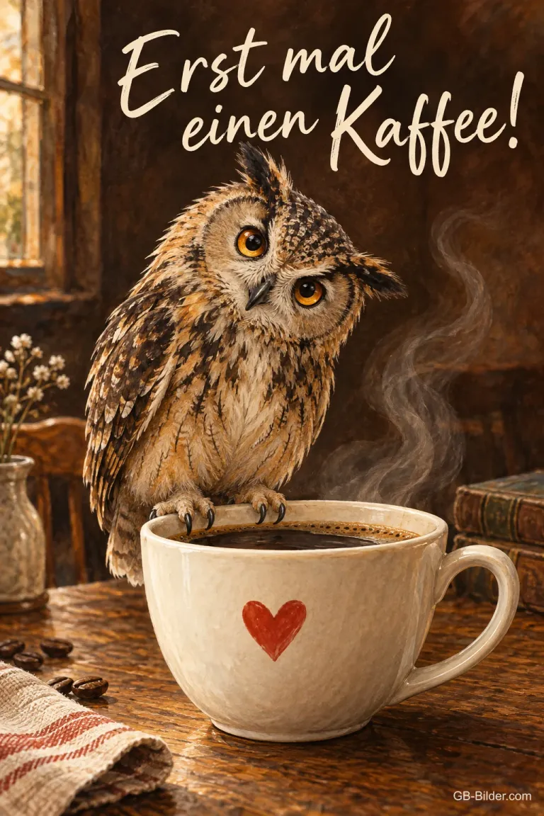 Uhu schaut in eine Tasse Kaffee mit Herz, Text: Erst mal einen Kaffee!