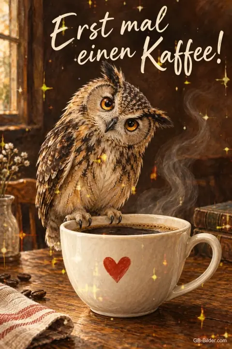 Uhu schaut in eine Tasse Kaffee mit Herz, Text: Erst mal einen Kaffee! Uhu schaut in eine Tasse Kaffee mit Herz, Text: Erst mal einen Kaffee!