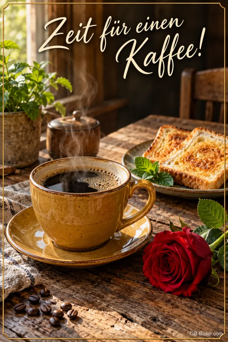 Tasse Kaffee mit Toast und roter Rose am Fenster, Text: Zeit für einen Kaffee!