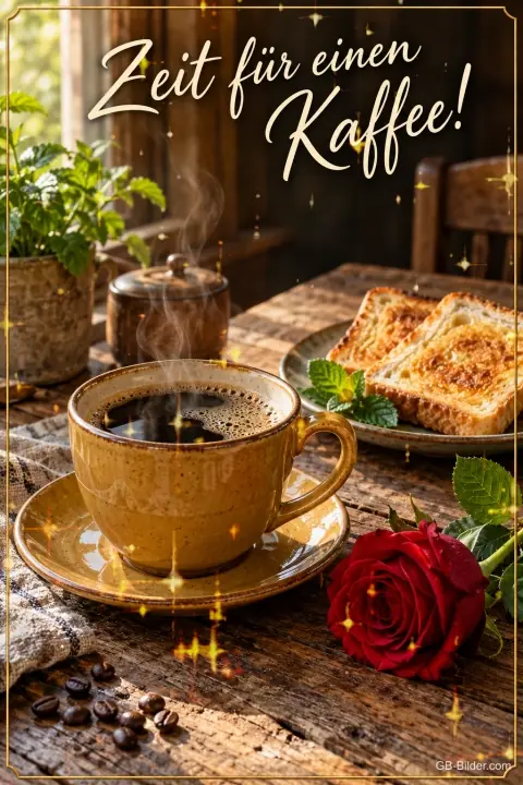 Tasse Kaffee mit Toast und roter Rose am Fenster, Text: Zeit für einen Kaffee! Tasse Kaffee mit Toast und roter Rose am Fenster, Text: Zeit für einen Kaffee!