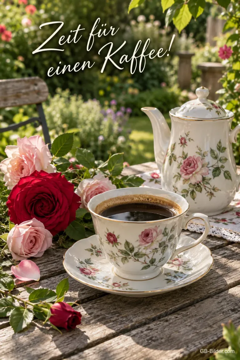 Tasse Kaffee mit Kanne und Rosen auf einem Gartentisch, Text: Zeit für einen Kaffee!
