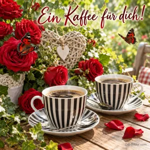 Zwei gestreifte Kaffeetassen zwischen roten Rosen, Text: Ein Kaffee für dich!