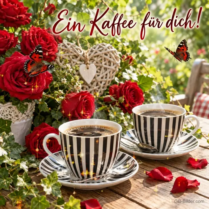 Zwei gestreifte Kaffeetassen zwischen roten Rosen, Text: Ein Kaffee für dich! Zwei gestreifte Kaffeetassen zwischen roten Rosen, Text: Ein Kaffee für dich!