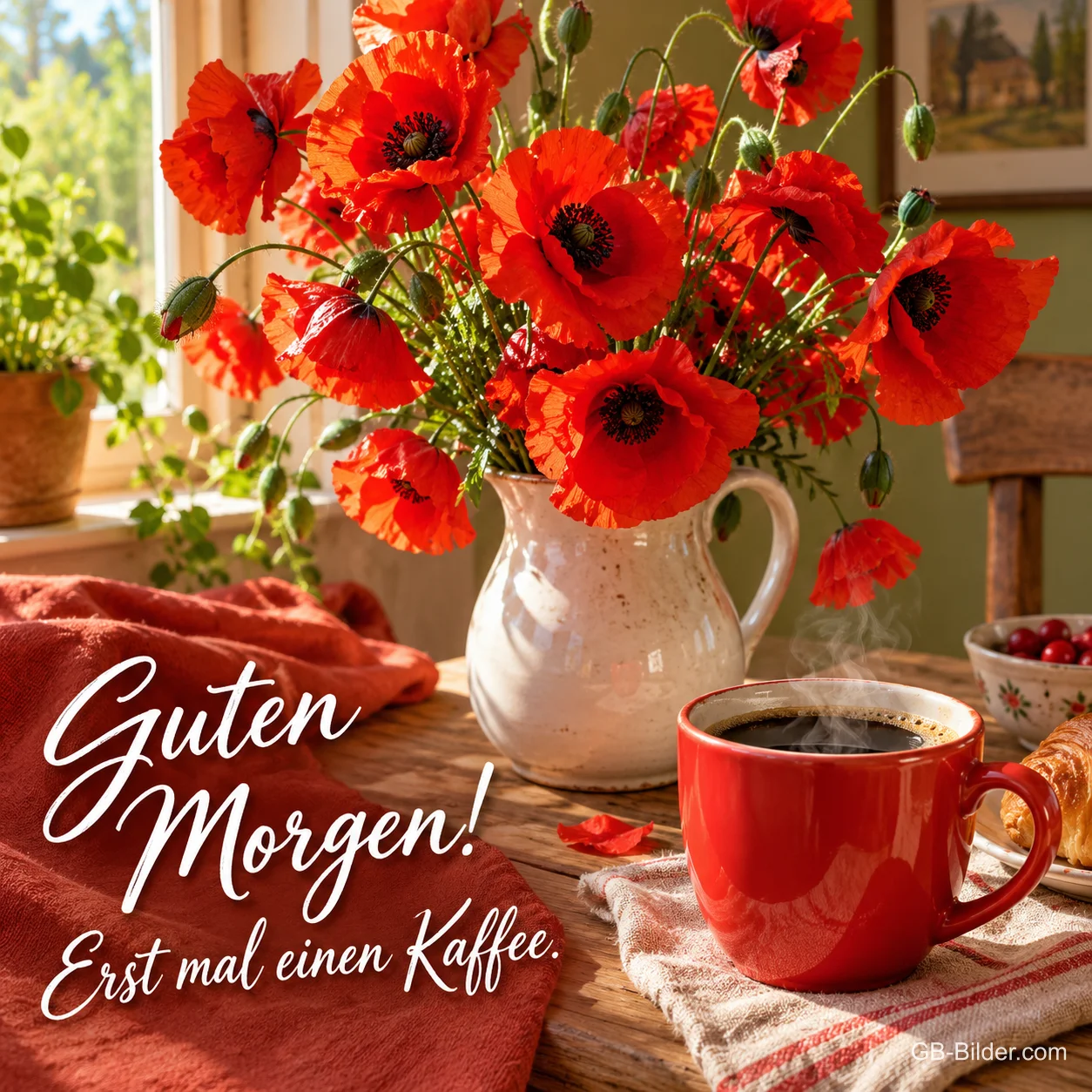Mohnstrauß im Krug neben einem roten Kaffeebecher, Text: Guten Morgen! – Erst mal einen Kaffee. Mohnstrauß im Krug neben einem roten Kaffeebecher, Text: Guten Morgen! – Erst mal einen Kaffee.