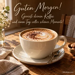Cappuccino mit Kakao auf einem Holztisch, Text: Guten Morgen! – Genieß deinen Kaffee und einen Tag voller schöner Momente!