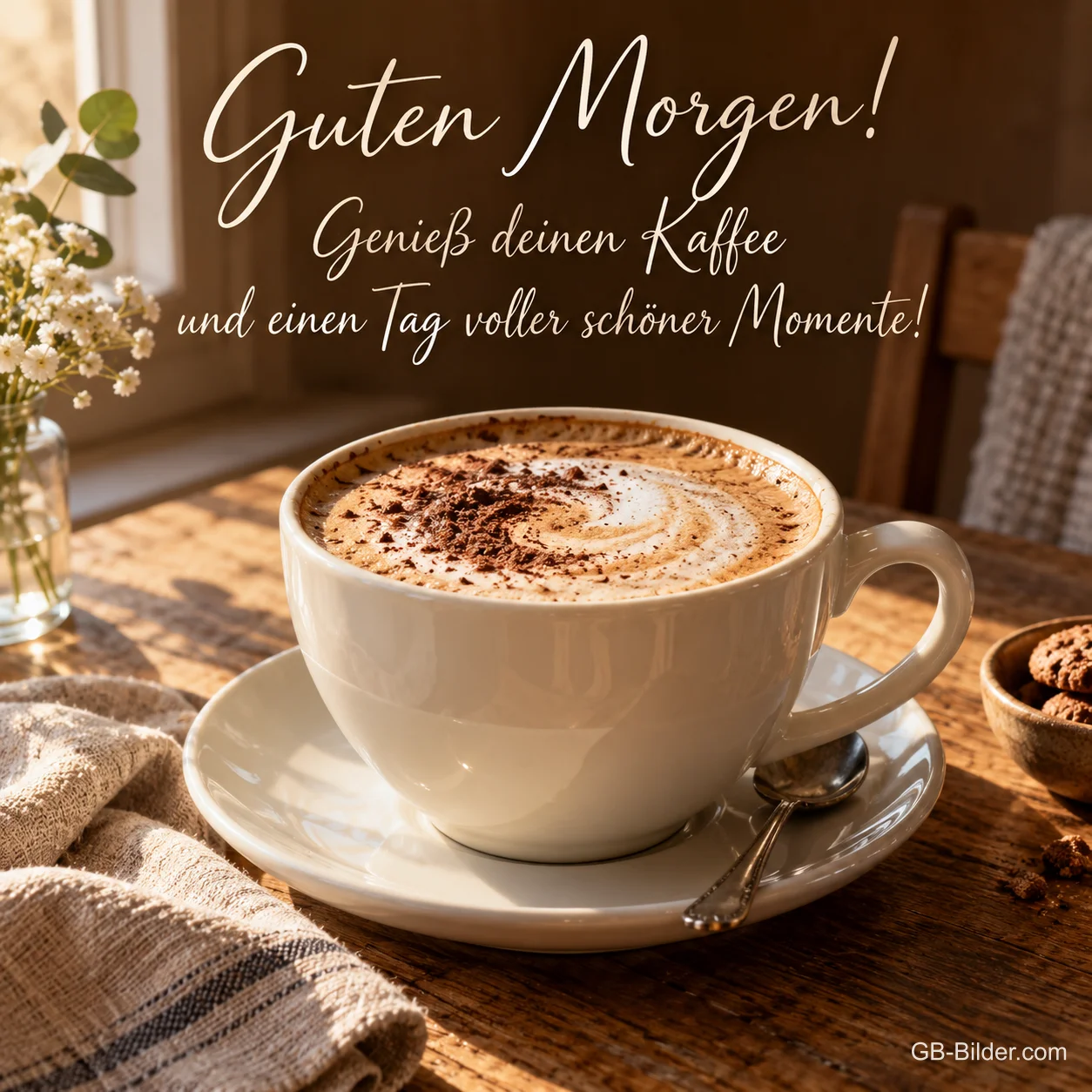 Cappuccino mit Kakao auf einem Holztisch, Text: Guten Morgen! – Genieß deinen Kaffee und einen Tag voller schöner Momente! Cappuccino mit Kakao auf einem Holztisch, Text: Guten Morgen! – Genieß deinen Kaffee und einen Tag voller schöner Momente!