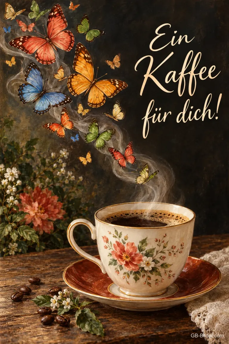 Bunte Schmetterlinge steigen aus einer Kaffeetasse auf, Text: Ein Kaffee für dich!