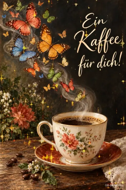 Bunte Schmetterlinge steigen aus einer Kaffeetasse auf, Text: Ein Kaffee für dich! Bunte Schmetterlinge steigen aus einer Kaffeetasse auf, Text: Ein Kaffee für dich!